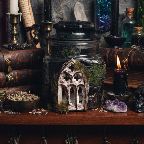 Decorative jar with a gothic-style structure and moss on a wooden surface