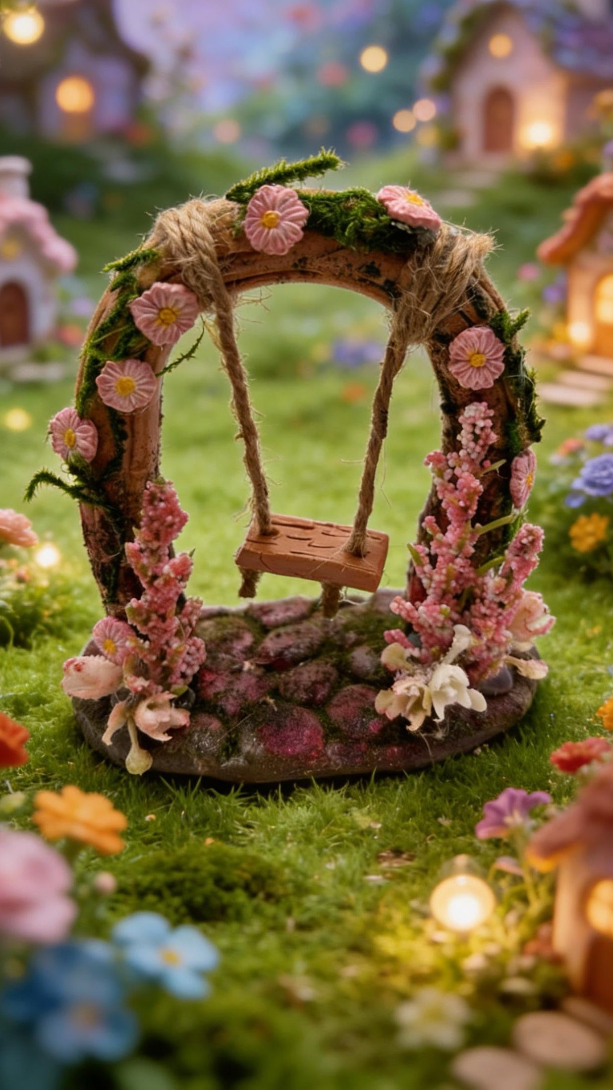 Miniature Fairy Garden Swing | Whimsical Clay & Moss Dollhouse Decor | Handmade Cottagecore Gift