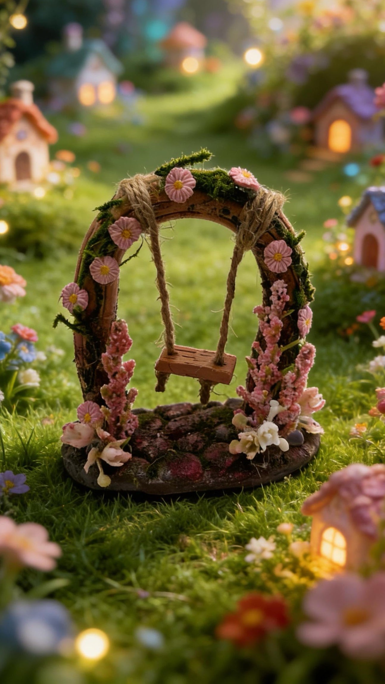 Miniature Fairy Garden Swing | Whimsical Clay & Moss Dollhouse Decor | Handmade Cottagecore Gift