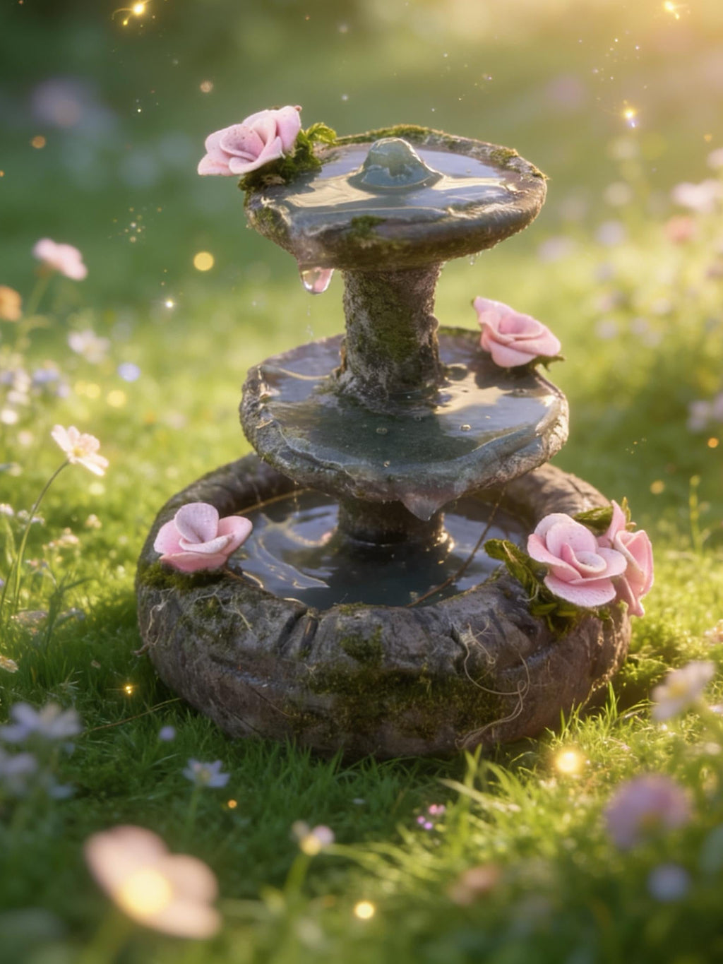 Miniature Cascading Fountain: Pink Flowers Fairy Garden Decor, Dollhouse Decor
