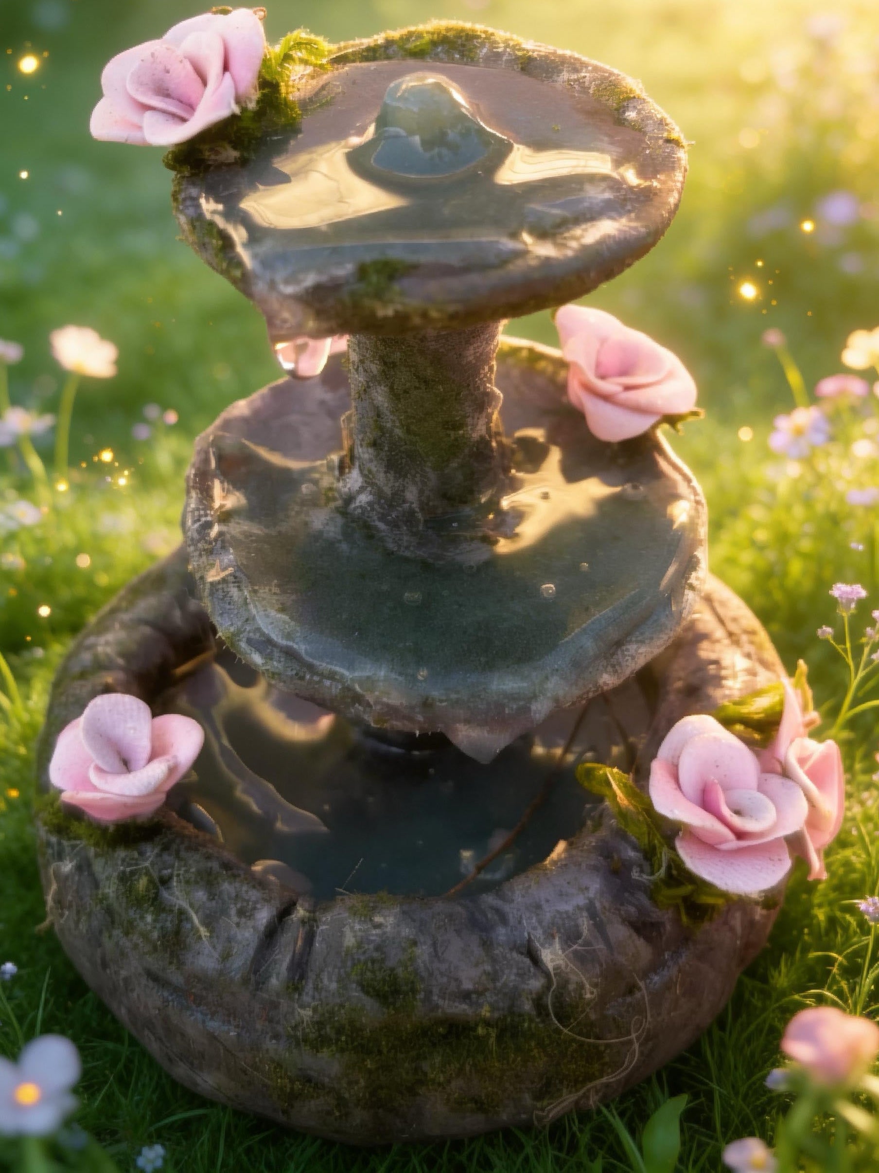 Miniature Cascading Fountain: Pink Flowers Fairy Garden Decor, Dollhouse Decor