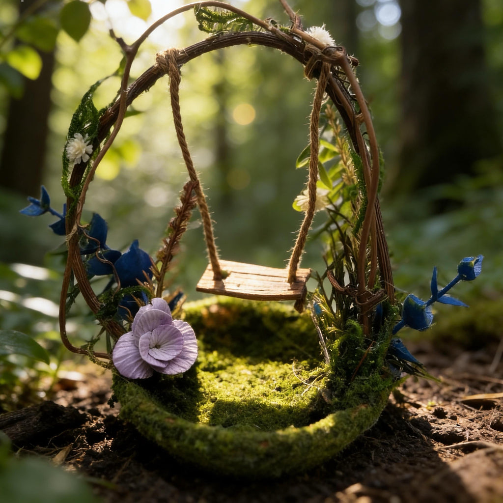 Miniature Fairy Garden Swing, Polymer Clay Flower, Mossy Twig , Whimsical Decor