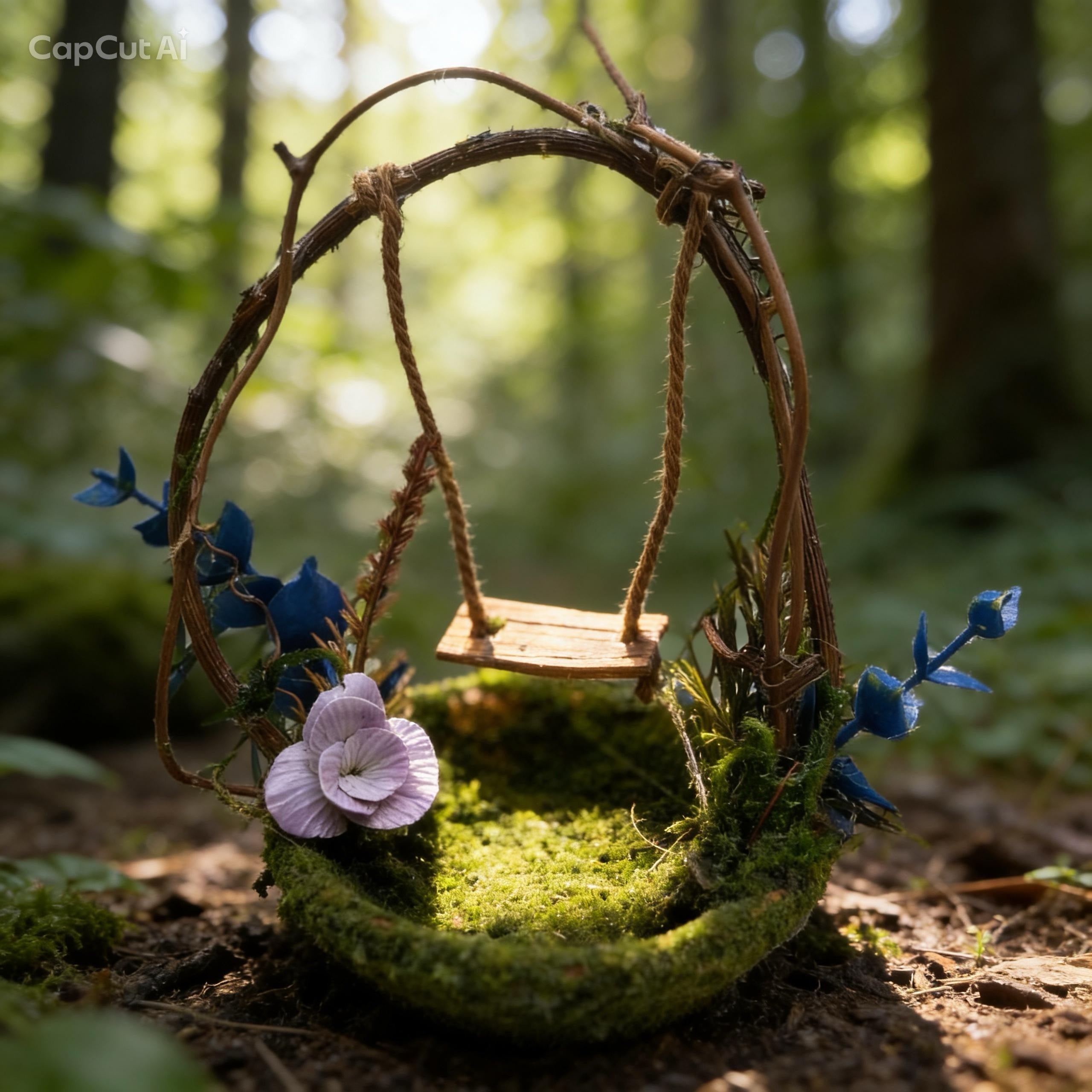 Miniature Fairy Garden Swing, Polymer Clay Flower, Mossy Twig , Whimsical Decor
