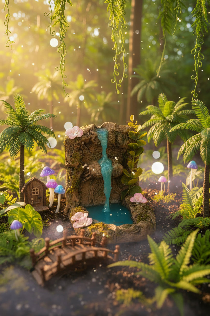 Fairy Garden Waterfall: Miniature Pond with Vines and Flowers