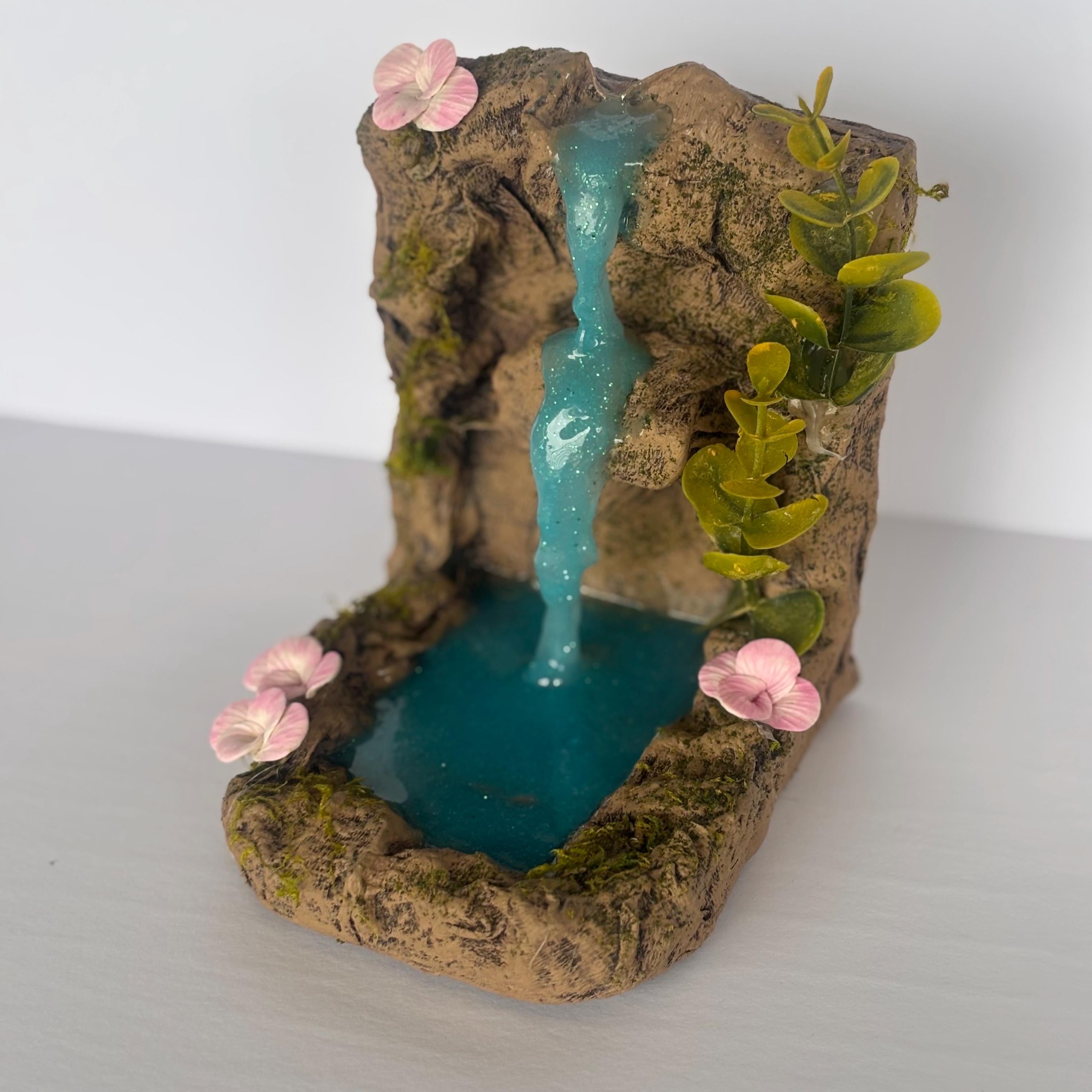 Fairy Garden Waterfall: Miniature Pond with Vines and Flowers