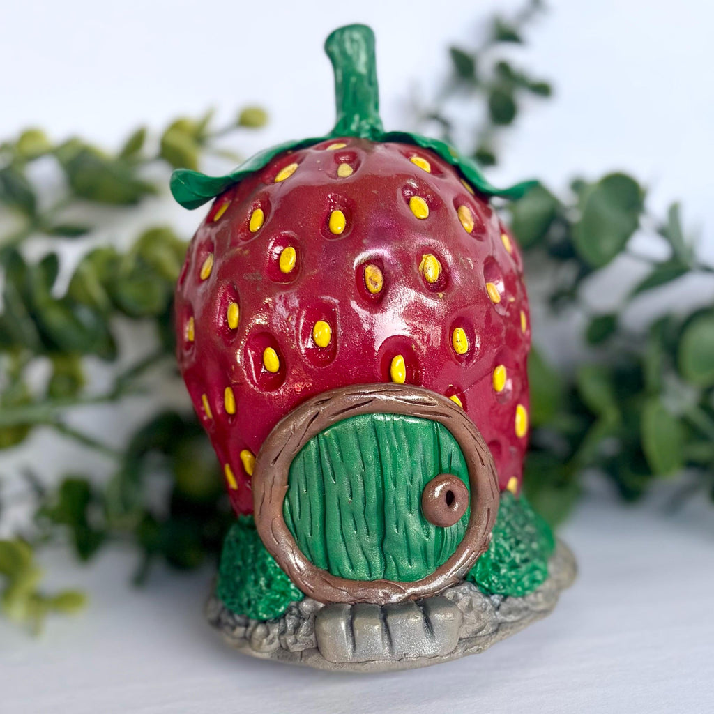 Clay Strawberry Fairy House: Whimsical Miniature Gnome Home