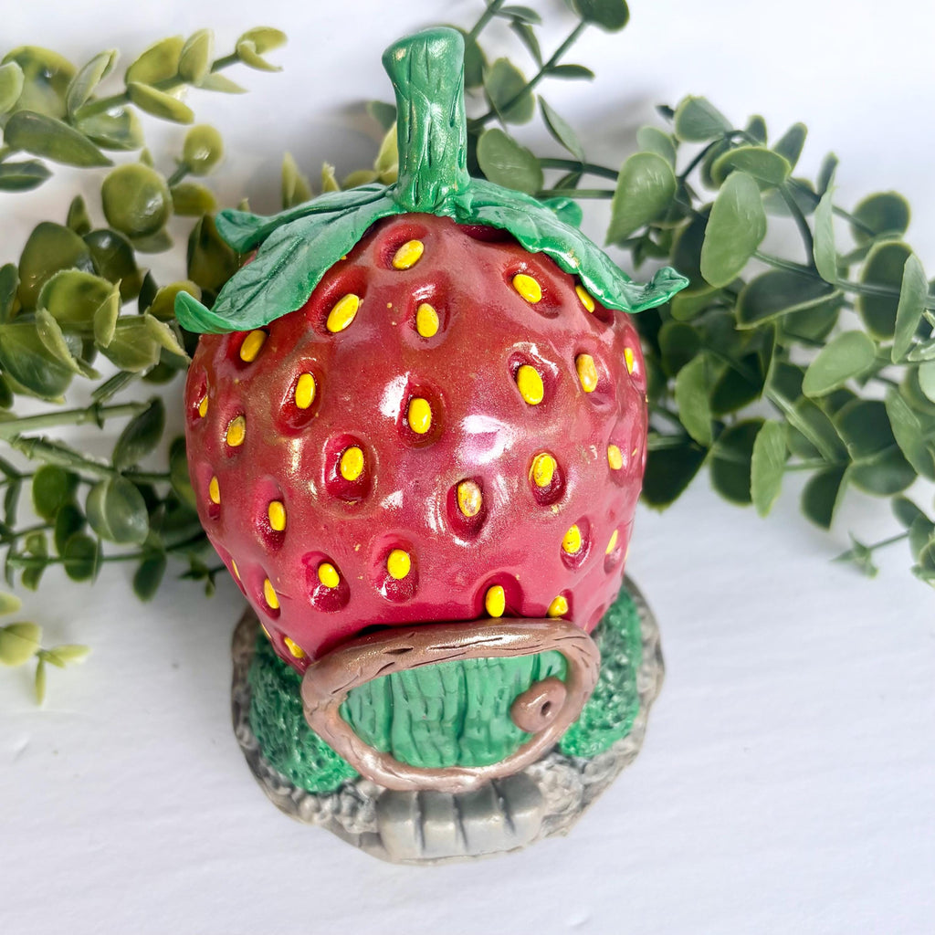 Clay Strawberry Fairy House: Whimsical Miniature Gnome Home