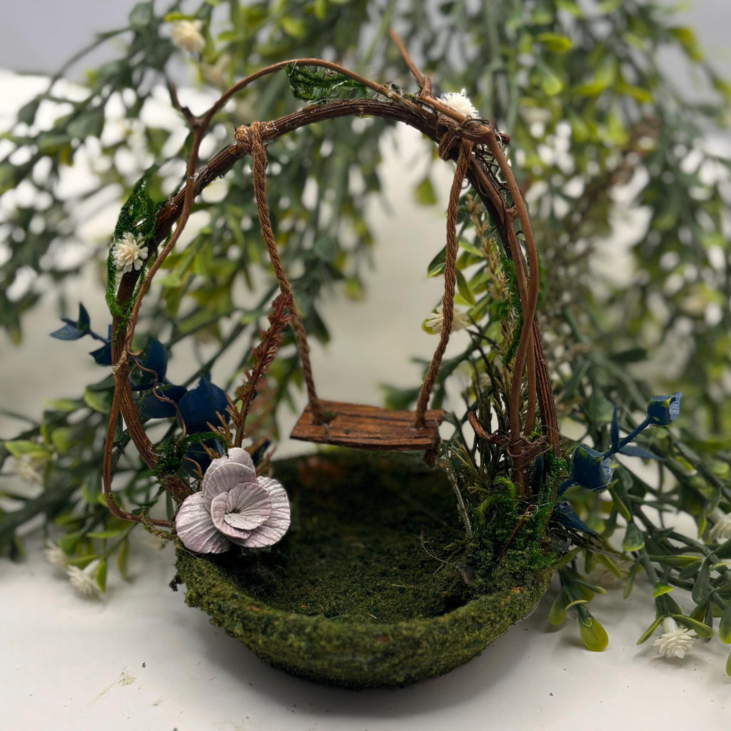 Miniature Fairy Garden Swing, Polymer Clay Flower, Mossy Twig , Whimsical Decor