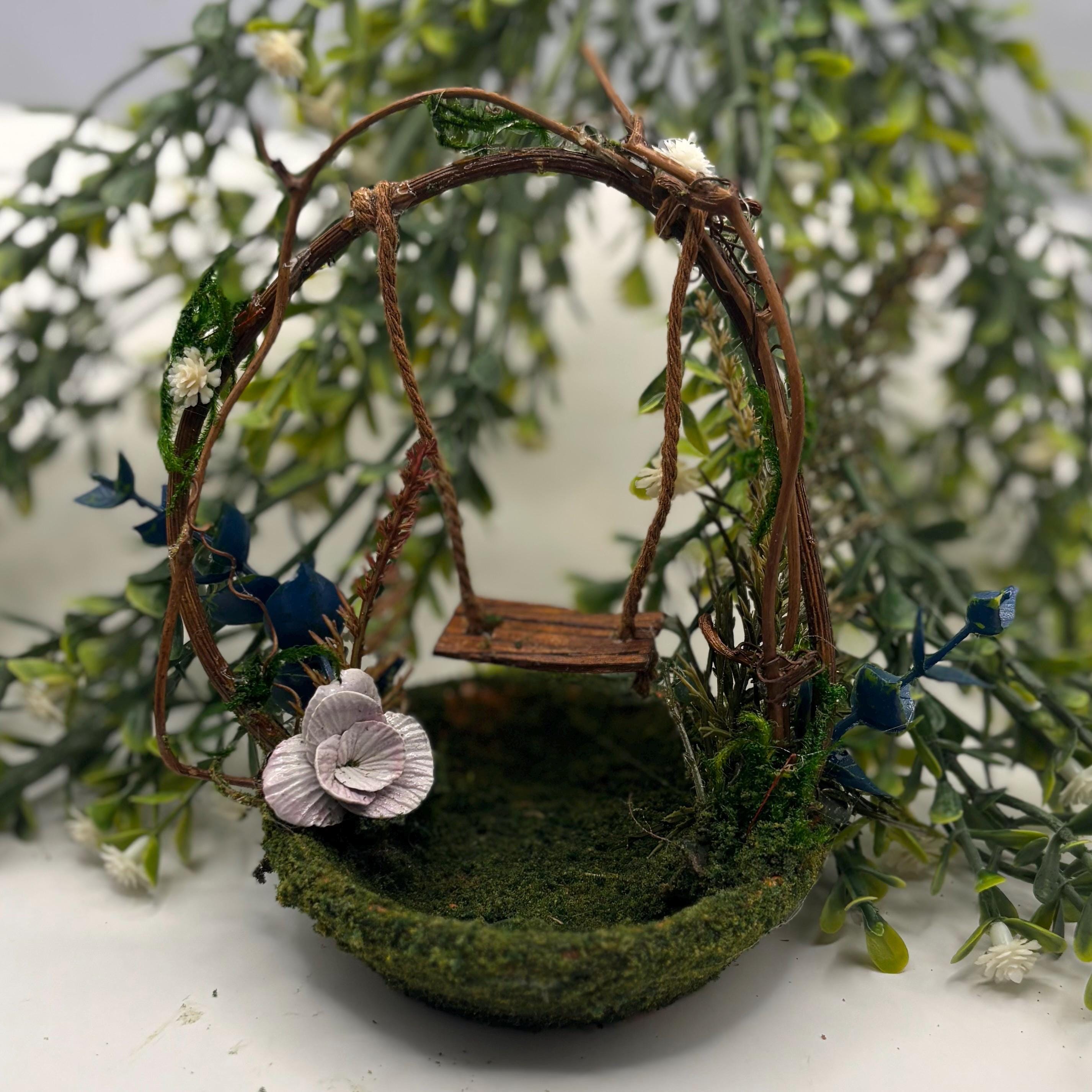 Miniature Fairy Garden Swing, Polymer Clay Flower, Mossy Twig , Whimsical Decor