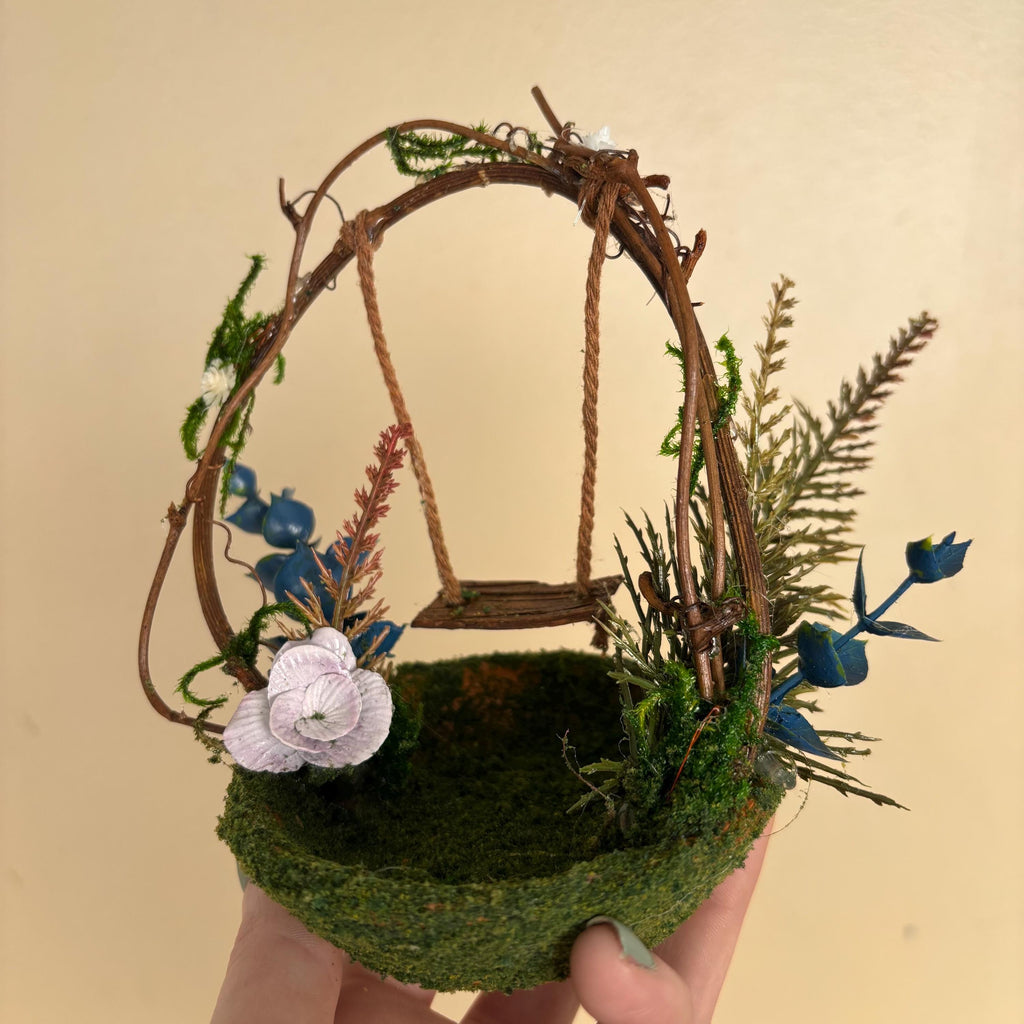 Miniature Fairy Garden Swing, Polymer Clay Flower, Mossy Twig , Whimsical Decor