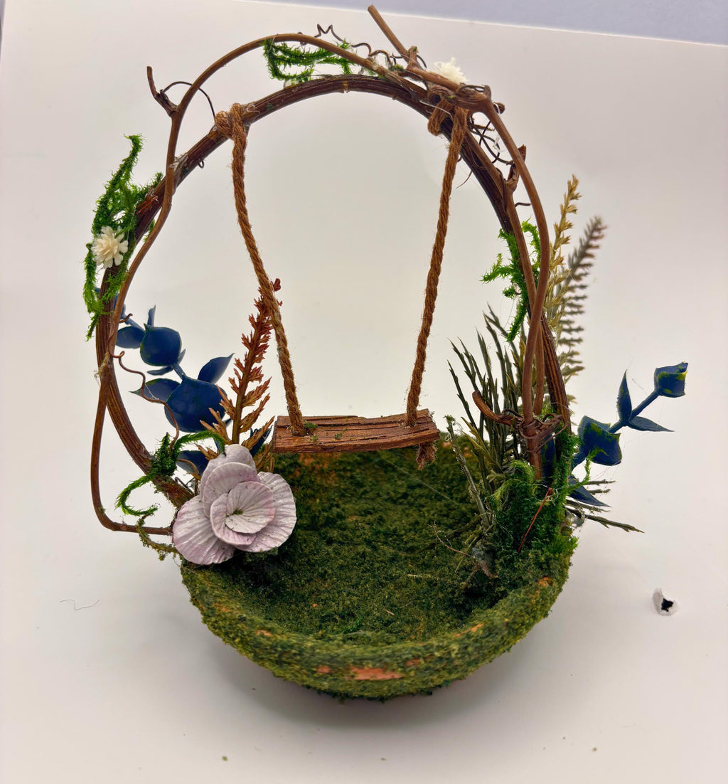 Miniature Fairy Garden Swing, Polymer Clay Flower, Mossy Twig , Whimsical Decor