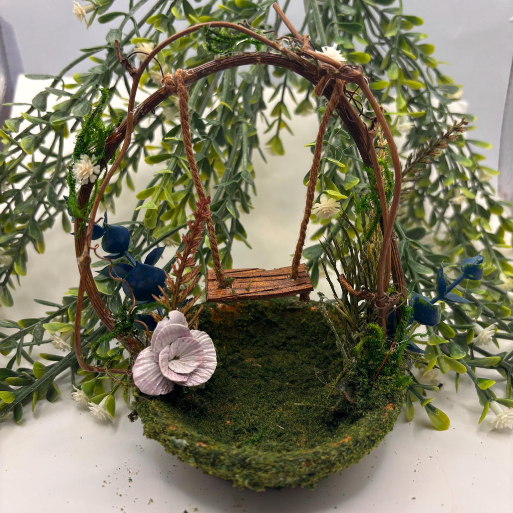 Miniature Fairy Garden Swing, Polymer Clay Flower, Mossy Twig , Whimsical Decor