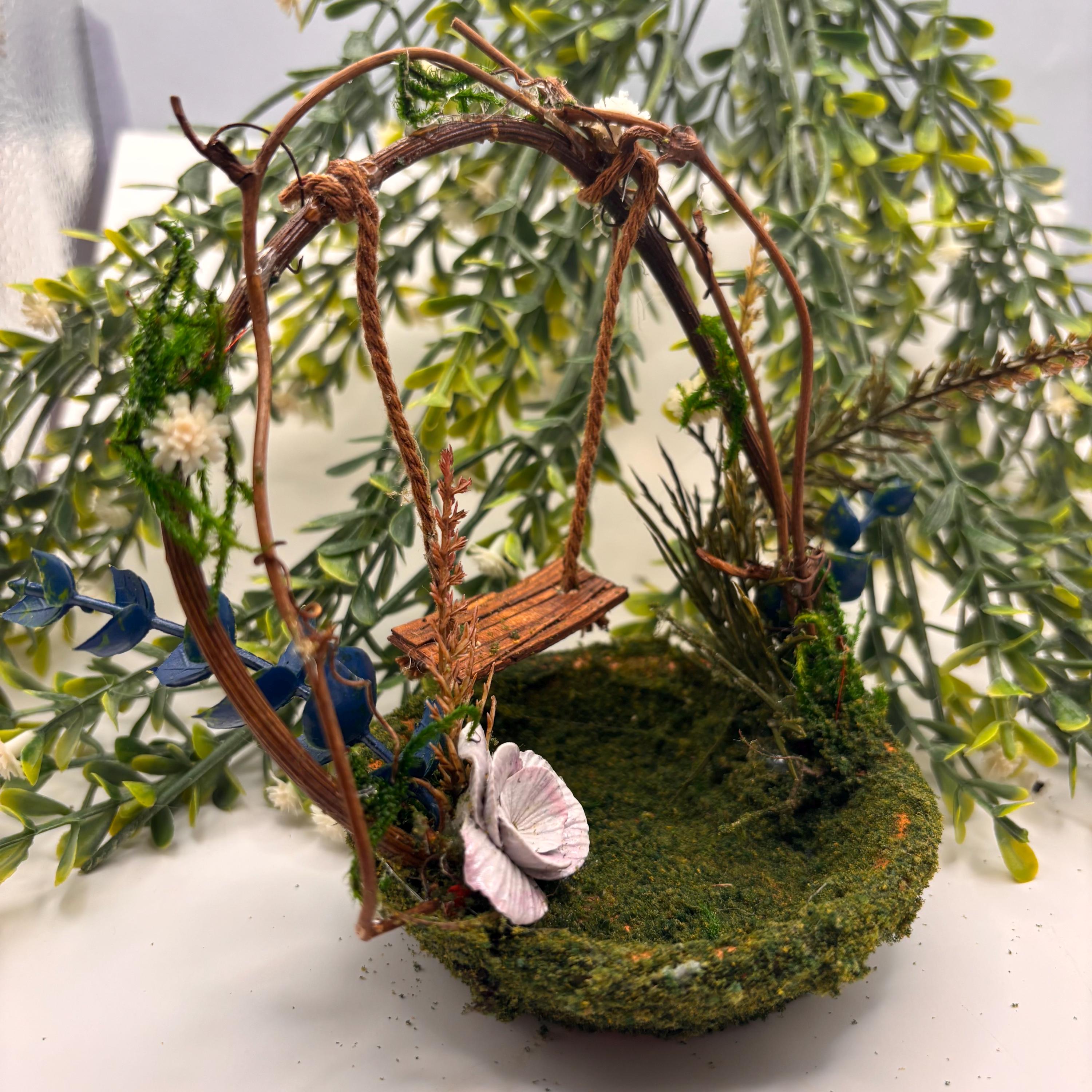 Miniature Fairy Garden Swing, Polymer Clay Flower, Mossy Twig , Whimsical Decor