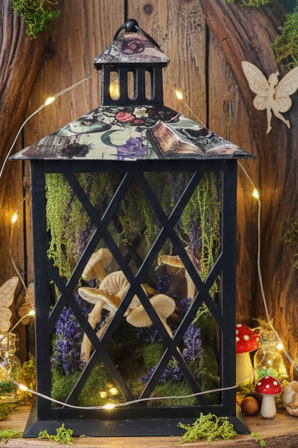 Enchanted Mushroom Lantern – Whimsigoth Forest Terrarium Decor, Celestial Botanical Decoupage Light