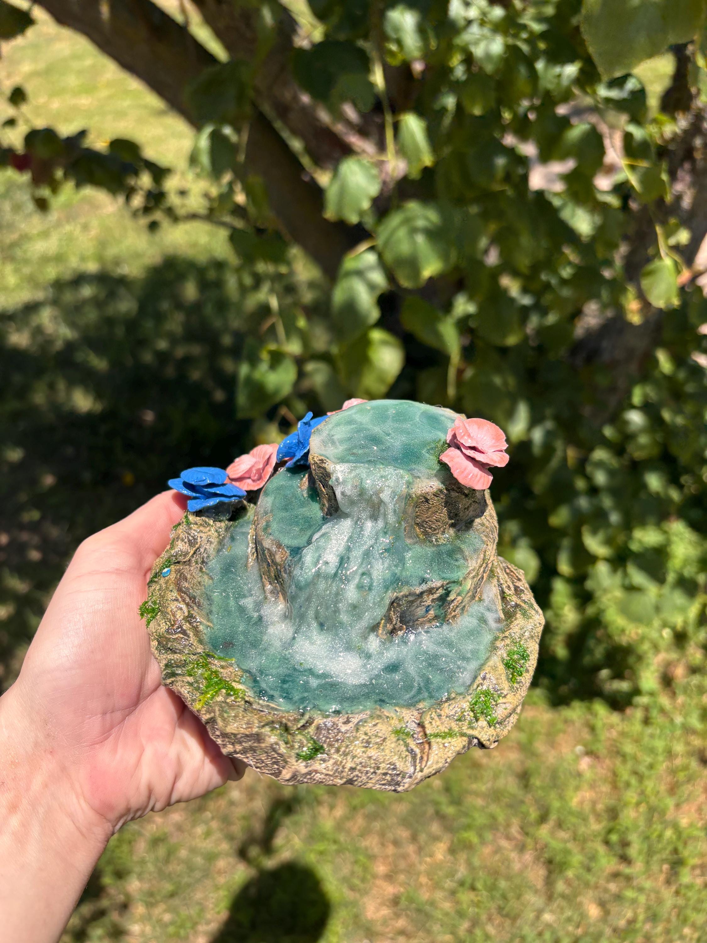 Stone Fairy Garden Waterfall: Miniature Mossy Floral Accessory