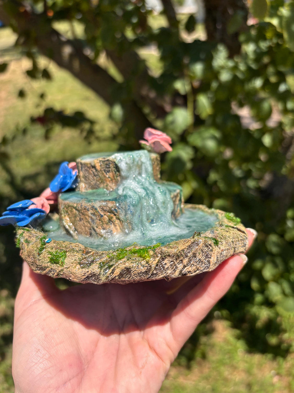 Stone Fairy Garden Waterfall: Miniature Mossy Floral Accessory