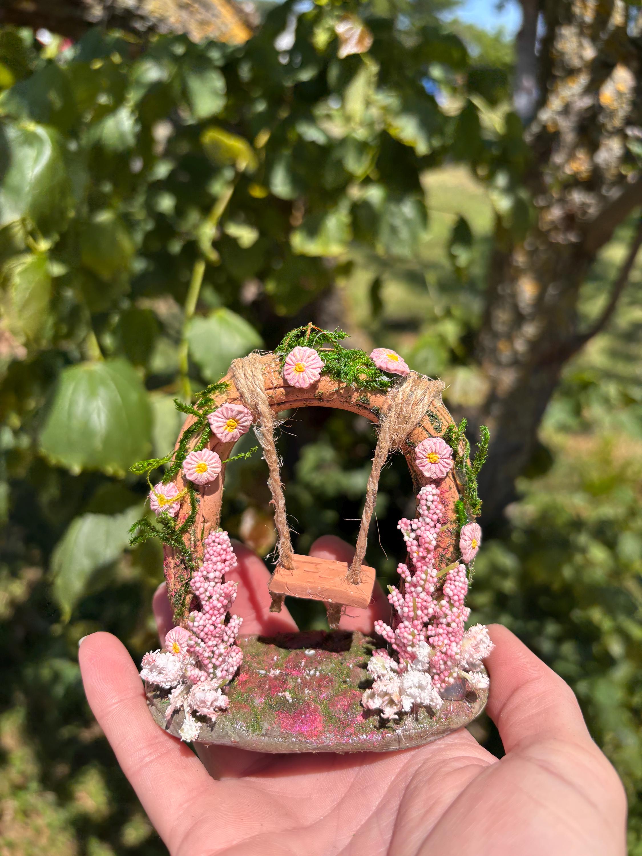 Miniature Fairy Garden Swing | Whimsical Clay & Moss Dollhouse Decor | Handmade Cottagecore Gift