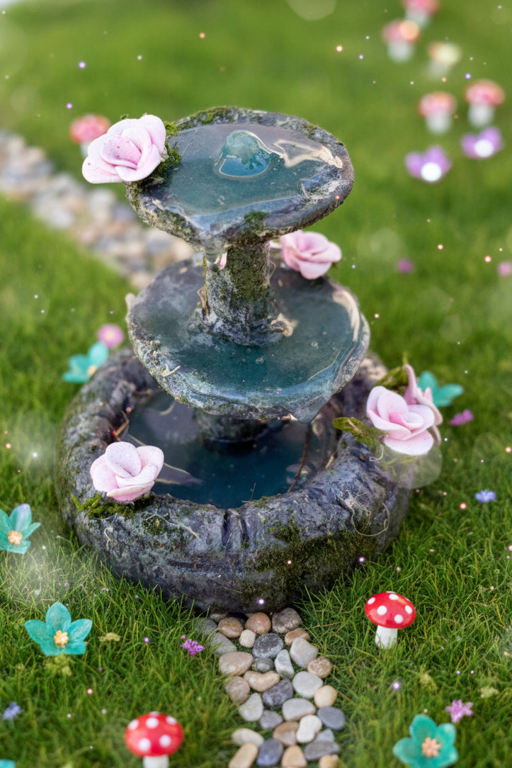 Miniature Cascading Fountain: Pink Flowers Fairy Garden Decor, Dollhouse Decor