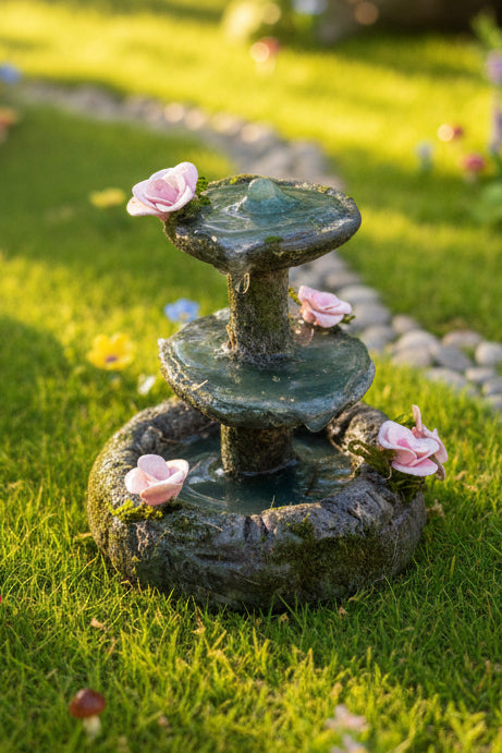 Miniature Cascading Fountain: Pink Flowers Fairy Garden Decor, Dollhouse Decor