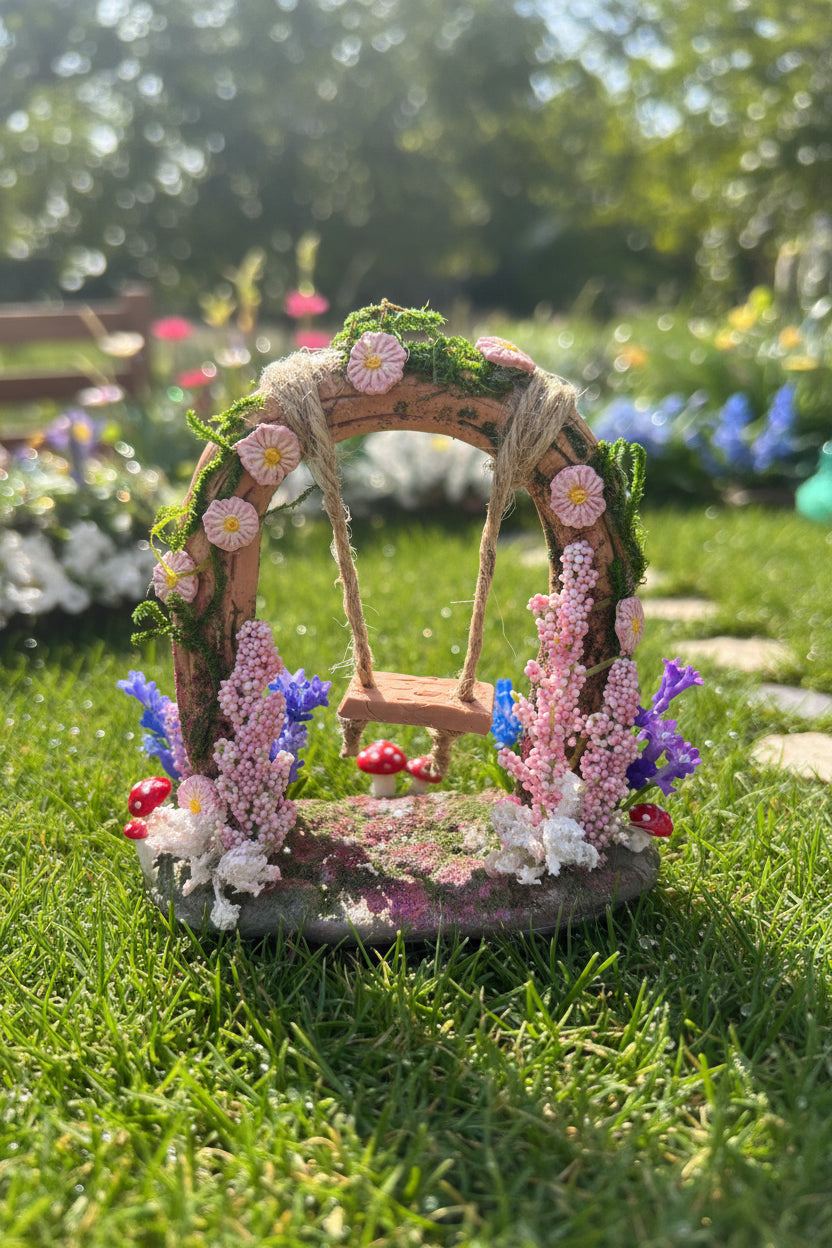 Miniature Fairy Garden Swing | Whimsical Clay & Moss Dollhouse Decor | Handmade Cottagecore Gift