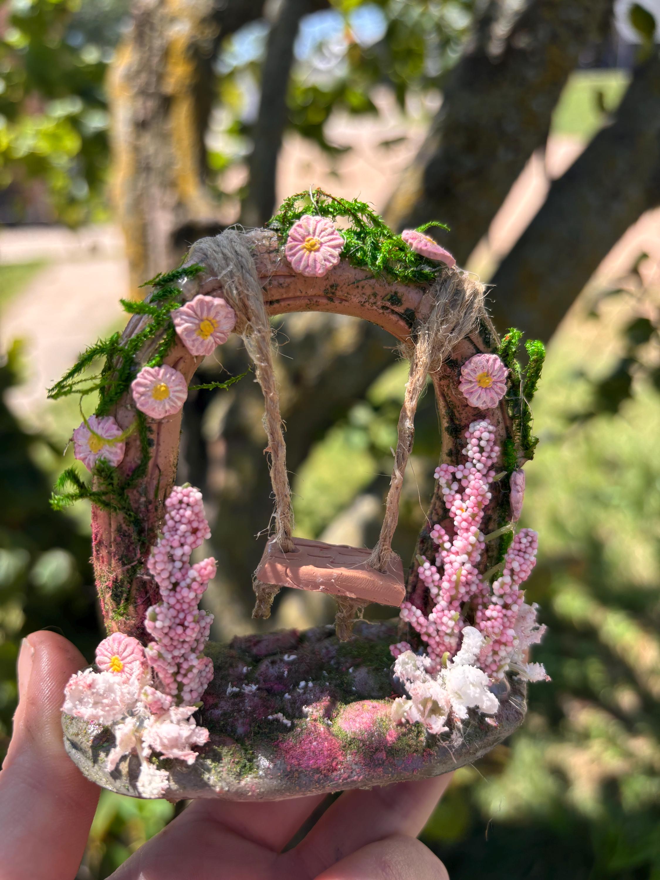 Miniature Fairy Garden Swing | Whimsical Clay & Moss Dollhouse Decor | Handmade Cottagecore Gift