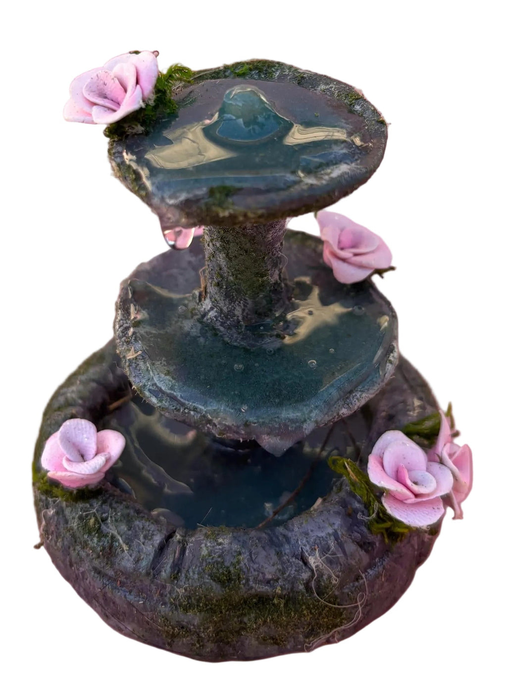 Miniature Cascading Fountain: Pink Flowers Fairy Garden Decor, Dollhouse Decor